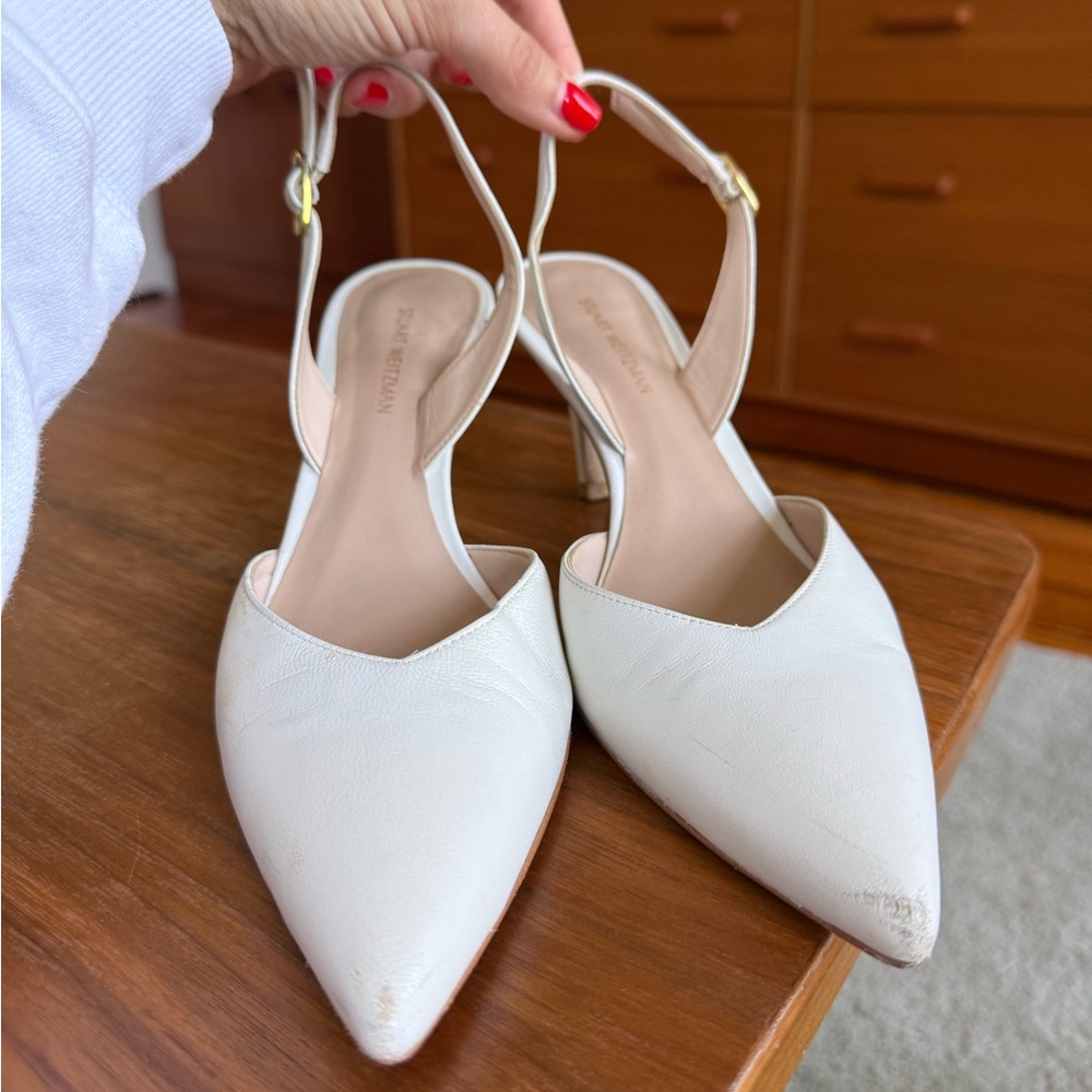 Stuart Weitzman White Cherie 45 Leather Slingback Pumps